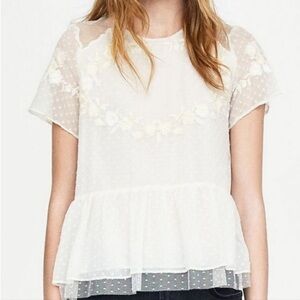 Zara Trafaluc Sheer Swiss Dot Tulle White Floral Blouse